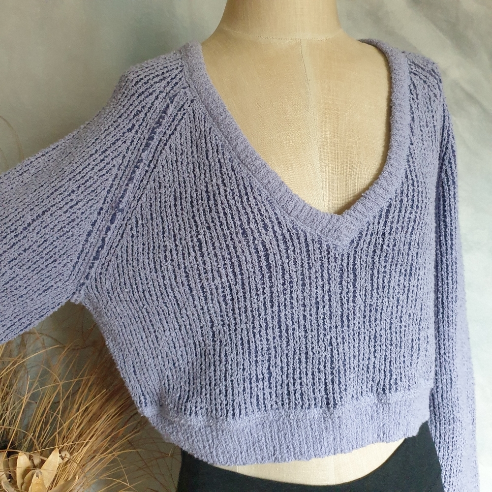 Free People High Low Purple Combo Textured V-Neck Relaxed Fit Comfy Sweater Sm - Picture 15 of 16